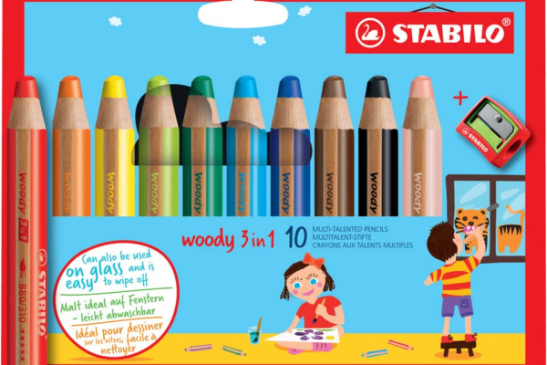 Matite colorate Stabilo Woody 3 in 1 punta larga - colori assortiti astuccio di cartone da 10 pz + temperino 880/10-2