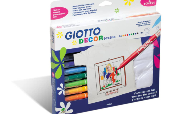 Pennarelli per tessuti GIOTTO Decor Textile tratto fine 1-3 mm assortiti astuccio da 8 + t-shirt bianca - 494500